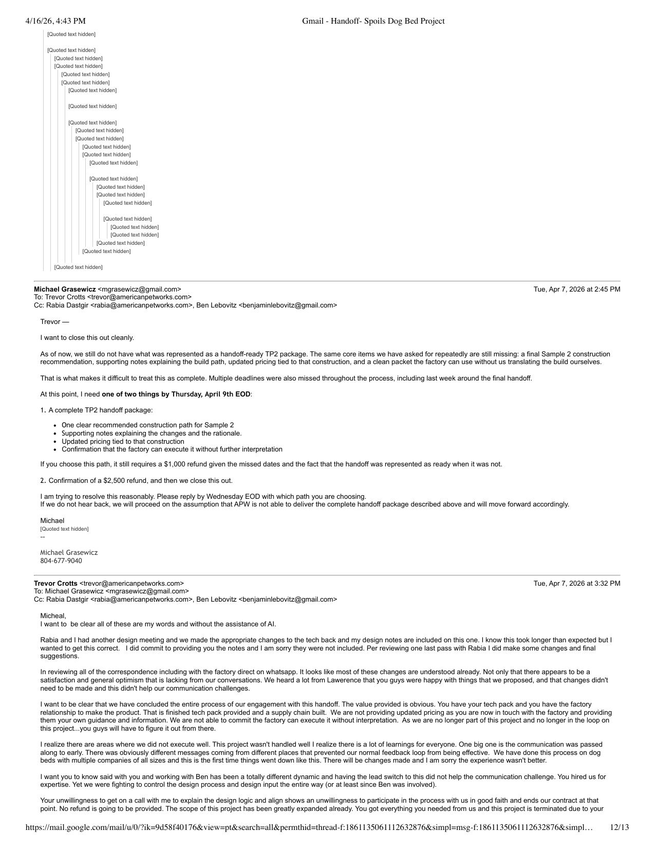 Apr. 7 final APW email showing completion language, refusal of updated pricing, and executability disclaimer