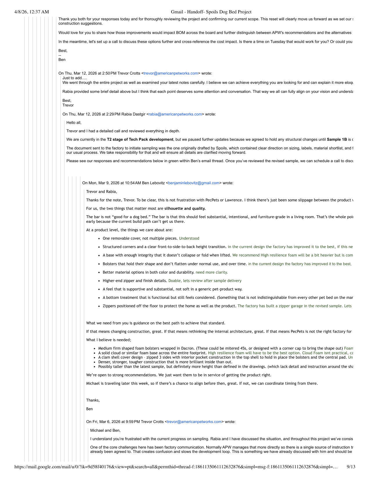 Mar. 12 APW email page showing paused tech-pack updates and the statement that the sampling document was originally drafted by Spoils
